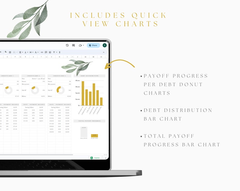 May include: A computer screen displaying a spreadsheet with charts and graphs. The spreadsheet includes a debt distribution bar chart, a total payoff progress bar chart, and payoff progress per debt donut charts. The text "INCLUDES QUICK VIEW CHARTS" is at the top of the screen.