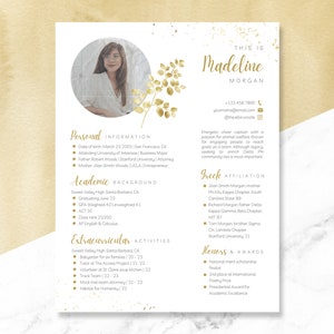 May include: A resume for Madeline Morgan, a university student with a gold leaf design and a photo of her in the top left corner. The resume includes personal information, academic background, extracurricular activities, Greek affiliation, and honours and awards.