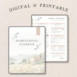 Peut inclure: Un planificateur d'école à la maison numérique et imprimable avec une couverture illustrant une maison dans un champ de fleurs et le texte "HOMESCHOOL PLANNER". La page intérieure présente un aperçu hebdomadaire avec des sections pour l'emploi du temps, les priorités, la liste de tâches, les habitudes et les notes.
