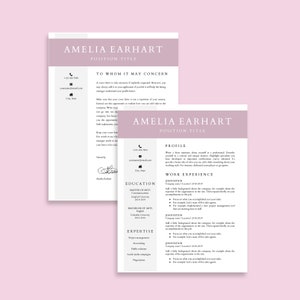 Pode incluir: Um modelo de curr&iacute;culo rosa e branco com o nome Amelia Earhart e o t&iacute;tulo "T&iacute;tulo do Cargo". O curr&iacute;culo inclui se&ccedil;&otilde;es para perfil, experi&ecirc;ncia profissional, educa&ccedil;&atilde;o e especializa&ccedil;&atilde;o.