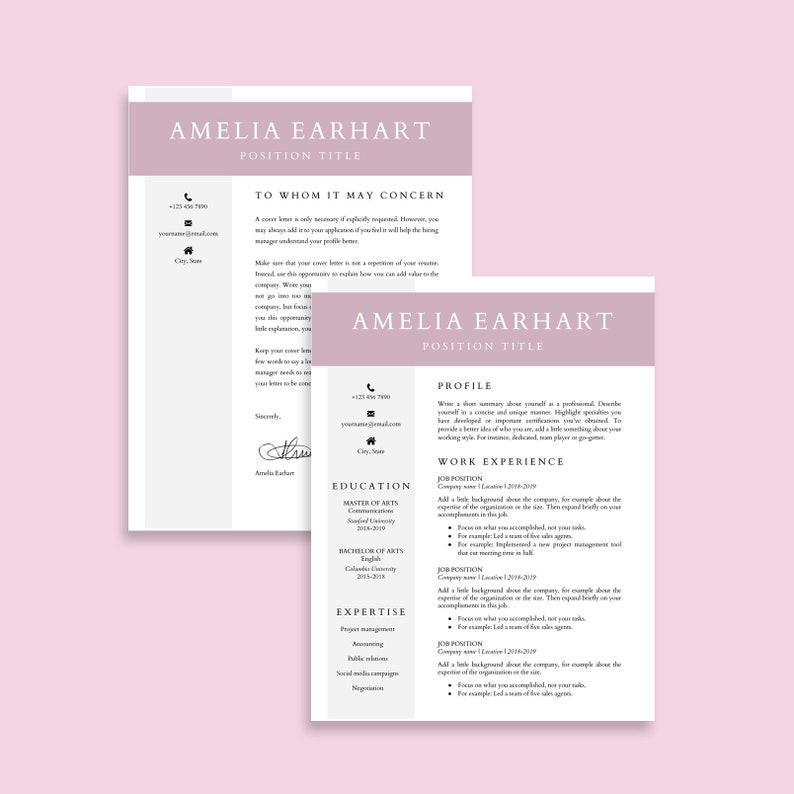 Pode incluir: Um modelo de curr&iacute;culo rosa e branco com o nome Amelia Earhart e o t&iacute;tulo "T&iacute;tulo do Cargo". O curr&iacute;culo inclui se&ccedil;&otilde;es para perfil, experi&ecirc;ncia profissional, educa&ccedil;&atilde;o e especializa&ccedil;&atilde;o.