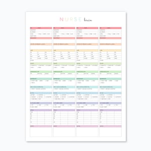 May include: A printable nurse brain planner with four columns for tracking patient information. Each column is color-coded with a different pastel color. The planner includes sections for patient demographics, vitals, medications, and other important information.