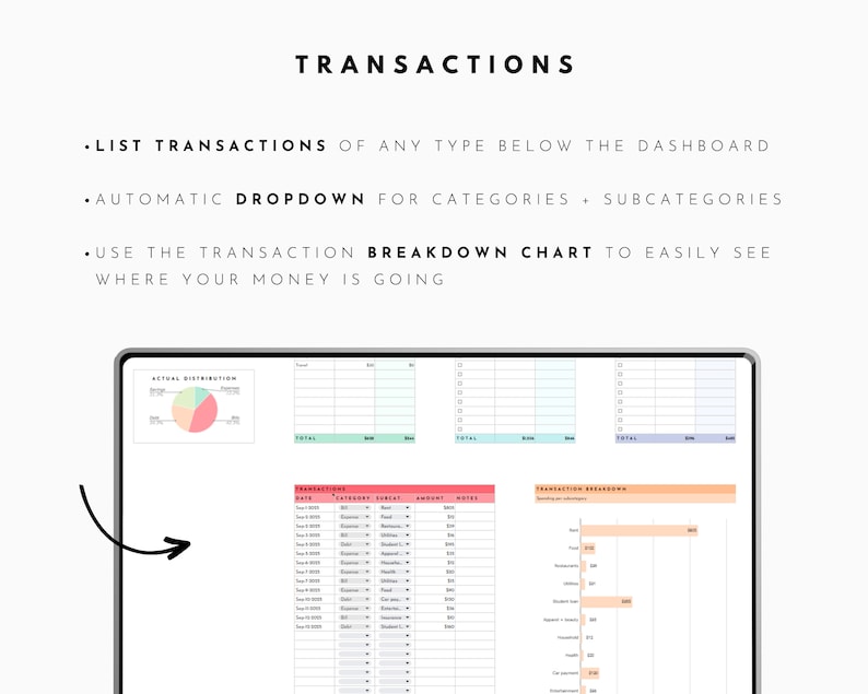 May include: A digital budget tracker spreadsheet with a pie chart showing actual spending distribution. The spreadsheet includes columns for date, category, subcategory, amount, and notes. There is also a bar chart showing transaction breakdown by category.