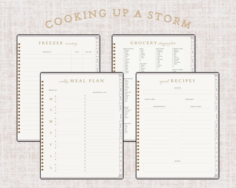 May include: A collection of spiral-bound notebooks with gold accents and cream-colored pages. The notebooks include sections for freezer inventory, grocery shopping lists, weekly meal plans, and special recipes. The words "COOKING UP A STORM" are printed at the top.