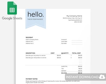Invoice Template Google Sheets, Business Invoice Template Spreadsheet, Google Sheets Invoice, Freelance Invoice Design, Photography Invoice