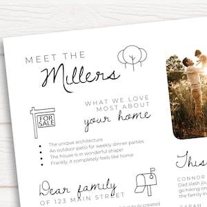 May include: A black and white illustration of a house with a "For Sale" sign, trees, and a mailbox. The text "Meet the Millers" and "What we love most about your home" is written in black cursive font. A photo of a family of three in a field is in the background.