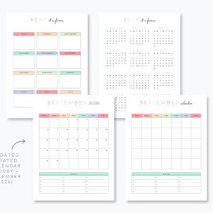 May include: Printable calendar pages for the year 2026. The pages include a year at a glance calendar, a monthly calendar for September 2026, and a blank monthly calendar. The pages are designed with a pastel color scheme.