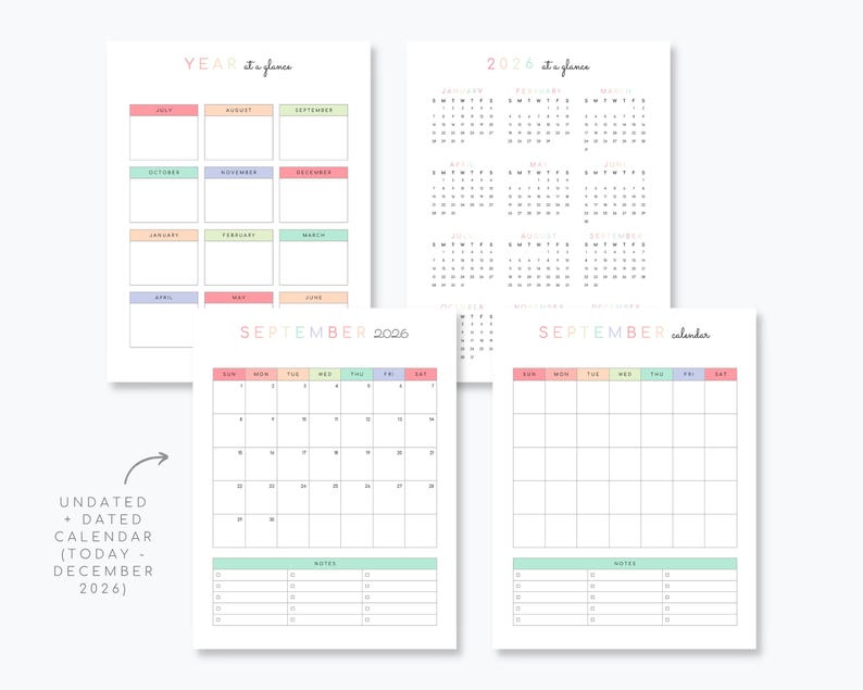 May include: Printable calendar pages for the year 2026. The pages include a year at a glance calendar, a monthly calendar for September 2026, and a blank monthly calendar. The pages are designed with a pastel color scheme.