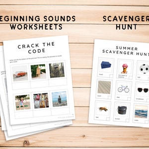 May include: Two printable worksheets for kids. The first worksheet is a "Crack the Code" activity with pictures of a van, a sign, a tree, a girl, a clothing rack, and a pile of rocks. The second worksheet is a "Summer Scavenger Hunt" with pictures of a towel, ice cream, a soccer ball, sand, a bicycle, sunglasses, a bee, a bucket, and water.