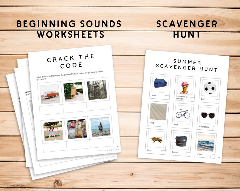 May include: Two printable worksheets for kids. The first worksheet is a "Crack the Code" activity with pictures of a van, a sign, a tree, a girl, a clothing rack, and a pile of rocks. The second worksheet is a "Summer Scavenger Hunt" with pictures of a towel, ice cream, a soccer ball, sand, a bicycle, sunglasses, a bee, a bucket, and water.