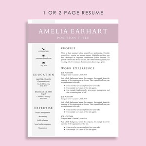 Pode incluir: Um modelo de curr&iacute;culo com fundo rosa e uma caixa de texto branca. A caixa de texto cont&eacute;m o t&iacute;tulo "1 ou 2 p&aacute;ginas de curr&iacute;culo" e o nome "Amelia Earhart". O curr&iacute;culo inclui se&ccedil;&otilde;es para o perfil, experi&ecirc;ncia profissional, educa&ccedil;&atilde;o e experi&ecirc;ncia.