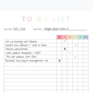 Op de afbeelding: Een to-dolijst met data van 3/8 tot 3/15. De notitiesectie zegt "Dragon project phase 2". De lijst bevat taken zoals "Maak een afspraak met Emma", "Maak een nieuwe prognose + stuur naar het team", "Oefen de presentatie", "Schrijf een productbeschrijving - SEO!" en "Test het pilotproduct met John".