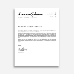May include: A black and white cover letter template for a job application. The text reads "Louanne Johnson, Elementary Teacher, To Whom It May Concern". The letter provides tips on writing a cover letter.