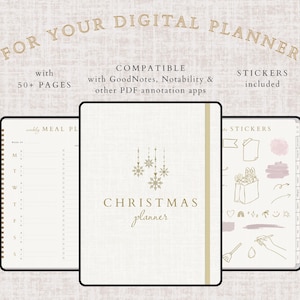 May include: Digital Christmas planner with over 50 pages, compatible with GoodNotes, Notability, and other PDF annotation apps. Includes stickers. The cover features the text "CHRISTMAS planner" with snowflake accents.