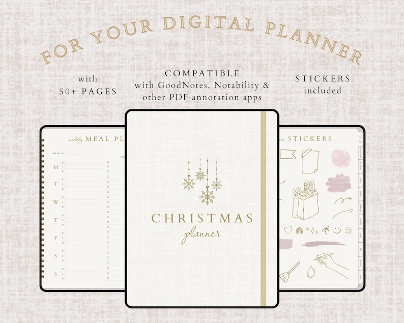 May include: Digital Christmas planner with over 50 pages, compatible with GoodNotes, Notability, and other PDF annotation apps. Includes stickers. The cover features the text "CHRISTMAS planner" with snowflake accents.
