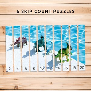 May include: A set of 5 skip count puzzles featuring dinosaurs in a pool. The numbers 2, 4, 6, 8, 10, 12, 14, 16, 18, and 20 are printed below the dinosaurs.
