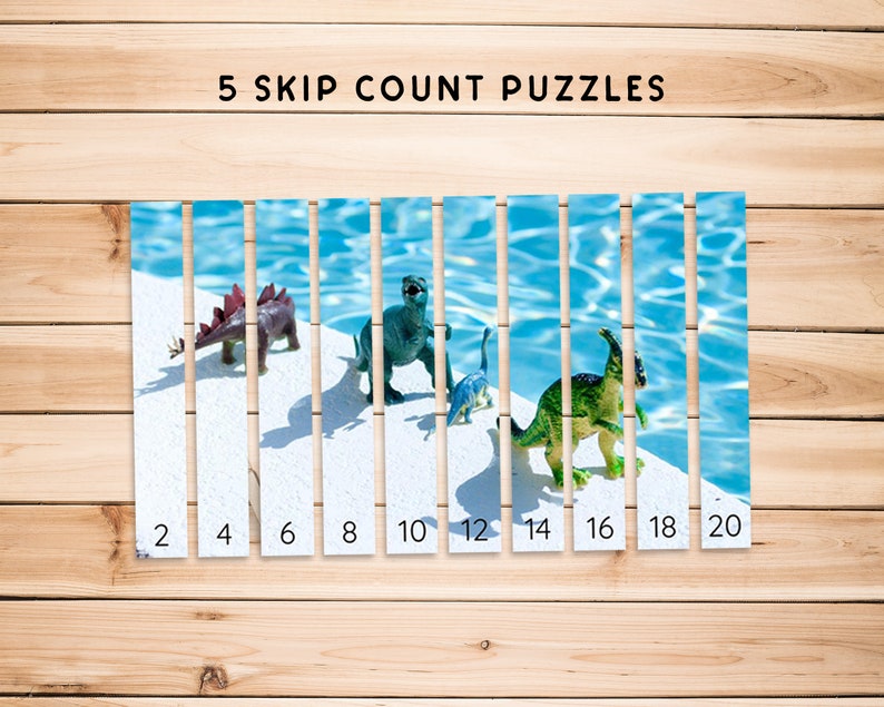 May include: A set of 5 skip count puzzles featuring dinosaurs in a pool. The numbers 2, 4, 6, 8, 10, 12, 14, 16, 18, and 20 are printed below the dinosaurs.