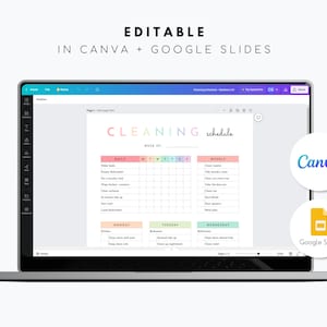 May include: A laptop screen displaying a cleaning schedule template in Canva. The template is colorful and includes a daily, weekly, and monthly cleaning schedule. The text "CLEANING schedule" is displayed in rainbow colors. The Canva logo is visible in the top right corner of the screen. The Google Slides logo is visible in the bottom right corner of the screen.