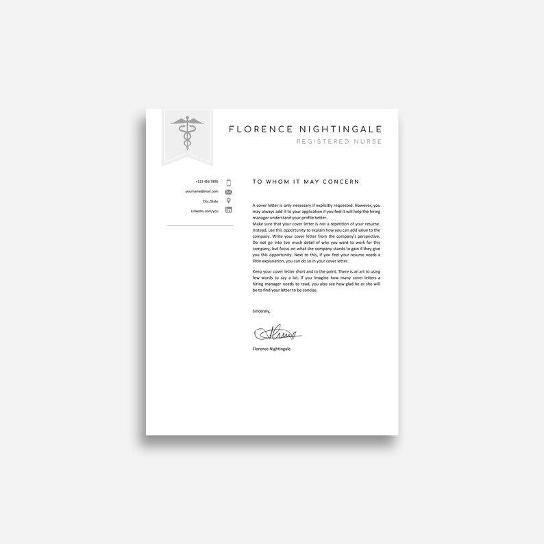 May include: A black and white cover letter template for a registered nurse. The letter includes a medical symbol, contact information, and a professional signature.