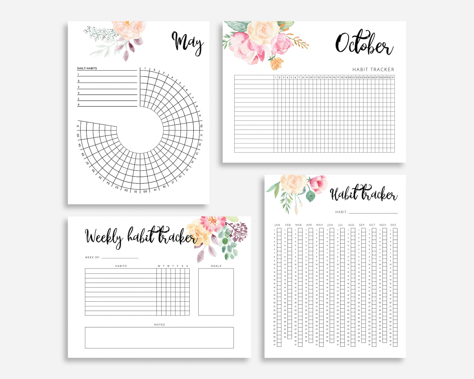 Habit Tracker Printable Circular Monthly Weekly Yearly | Etsy