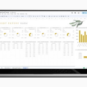 May include: A spreadsheet on a laptop screen with a gold and white color scheme. The spreadsheet is titled "DEBT PAYOFF tracker" and includes sections for student loans, personal loans, car loans, credit cards, and a debt distribution chart. The spreadsheet also includes a section for tracking monthly payments and balances.