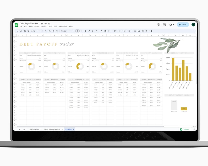 May include: A spreadsheet on a laptop screen with a gold and white color scheme. The spreadsheet is titled "DEBT PAYOFF tracker" and includes sections for student loans, personal loans, car loans, credit cards, and a debt distribution chart. The spreadsheet also includes a section for tracking monthly payments and balances.
