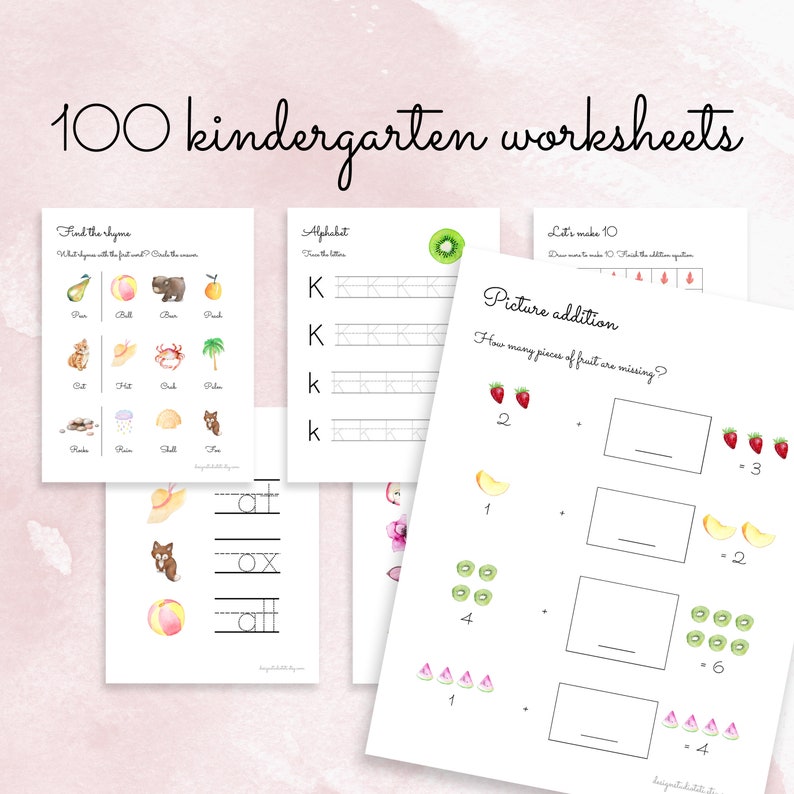 May include: A set of 100 kindergarten worksheets featuring colorful illustrations of fruits, animals, and letters. The worksheets include activities such as finding rhymes, tracing letters, and picture addition.