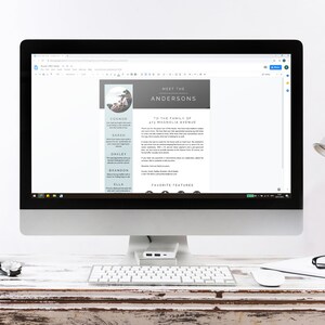 May include: A computer screen displaying a webpage with the text "Meet the Andersons" and a list of names: Connor, Sarah, Oakley, Brandon, and Ella. The text "To the family of 473 Magnolia Avenue" is also visible.