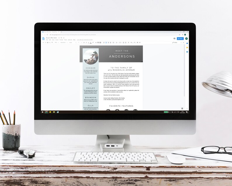 May include: A computer screen displaying a webpage with the text "Meet the Andersons" and a list of names: Connor, Sarah, Oakley, Brandon, and Ella. The text "To the family of 473 Magnolia Avenue" is also visible.