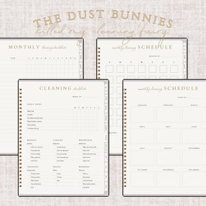 May include: Four spiral-bound cleaning planners with gold accents. The planners include a monthly cleaning checklist, a weekly cleaning schedule, and a monthly cleaning schedule. The text "THE DUST BUNNIES killed my cleaning fairy" is at the top.