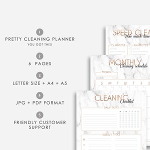 May include: Printable cleaning planner with a marble background and rose gold accents. The planner includes a monthly cleaning schedule, a daily checklist, and a speed cleaning section. The planner is available in letter, A4, and A5 sizes.