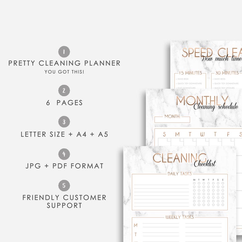 May include: Printable cleaning planner with a marble background and rose gold accents. The planner includes a monthly cleaning schedule, a daily checklist, and a speed cleaning section. The planner is available in letter, A4, and A5 sizes.