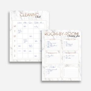 May include: A printable cleaning chart with a marble background and gold accents. The chart includes a weekly cleaning schedule and a room-by-room cleaning plan. The cleaning plan includes sections for the kitchen, living room, bedroom, and bathroom.