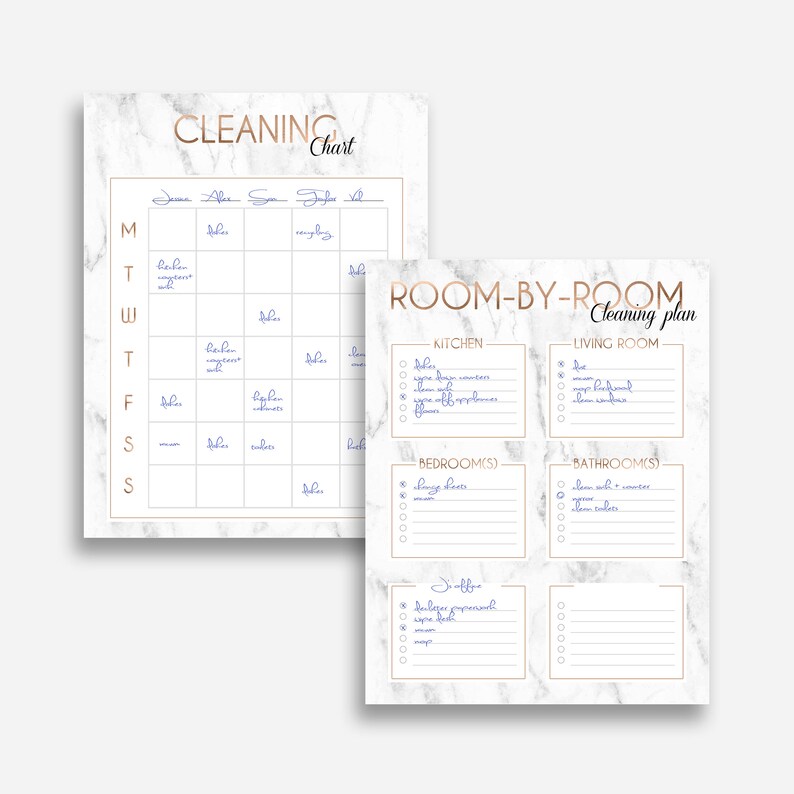 May include: A printable cleaning chart with a marble background and gold accents. The chart includes a weekly cleaning schedule and a room-by-room cleaning plan. The cleaning plan includes sections for the kitchen, living room, bedroom, and bathroom.