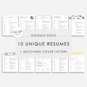 Könnte beinhalten: Eine Sammlung von zehn Lebenslaufvorlagen mit passenden Anschreiben, entworfen für Google Docs. Die Lebensläufe weisen verschiedene Layouts und Designs auf, mit Namen wie Whitney Port und Emma Watson. Der Text "10 UNIQUE RESUMES + MATCHING COVER LETTERS" wird angezeigt.