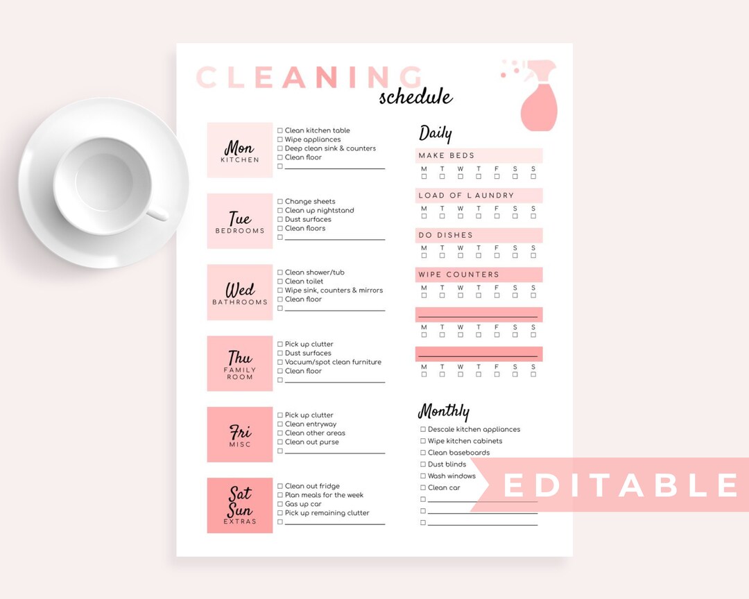 Weekly Cleaning Schedule | Editable - Etsy