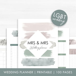 Op de afbeelding: Een bruiloftplanner met een aquarelontwerp in roze en groene tinten. De omslag heeft de tekst "MRS & MRS Wedding Planner" en de woorden "LGBT wedding" in een cirkel. De planner heeft 100 pagina's en is te printen.