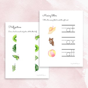 May include: A printable worksheet for kids featuring half pictures of a kiwi, a butterfly, a leaf, grapes, and a monstera leaf. The second part of the worksheet has a hat, a fox, and a beach ball with missing letters to complete the words "hat", "fox", and "ball".