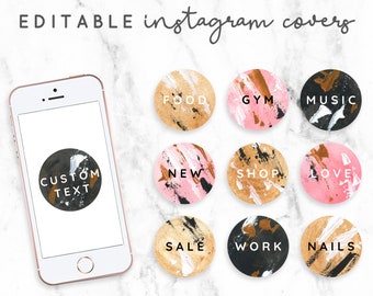 Editable Instagram Story Highlight Covers, Custom Instagram Highlight Icons, Google Slides Instagram Cover Glam Pink Copper Black Watercolor
