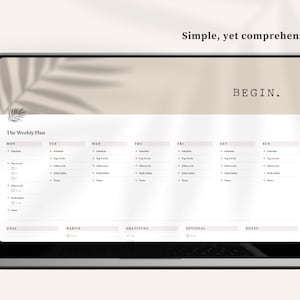 May include: A weekly planner on a laptop screen with the text "The Weekly Plan" at the top. The planner is divided into seven columns for each day of the week, with sections for goals, habits, gratitude, optional tasks, and notes.
