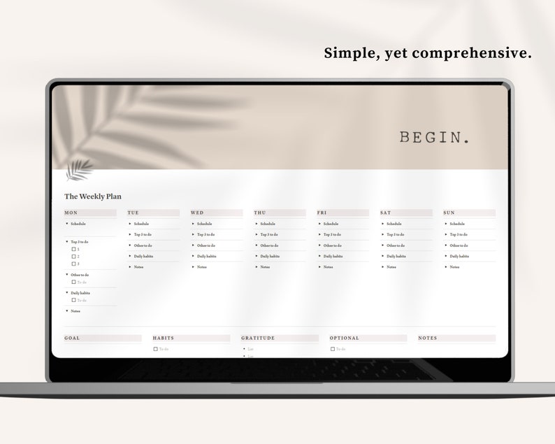 May include: A weekly planner on a laptop screen with the text "The Weekly Plan" at the top. The planner is divided into seven columns for each day of the week, with sections for goals, habits, gratitude, optional tasks, and notes.