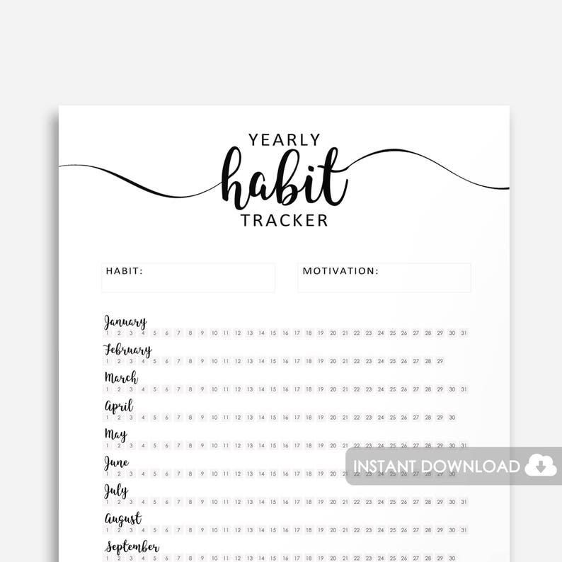 Printable yearly habit tracker | Habit planner 12 months monthly | Goal planner | Letter size | Filofax Midori Personal size | A4 | A5