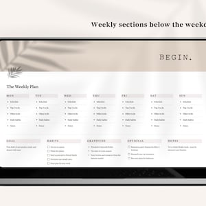 May include: A weekly planner template on a laptop screen with a beige background. The planner includes sections for each day of the week, along with sections for goals, habits, gratitude, optional tasks, and notes.