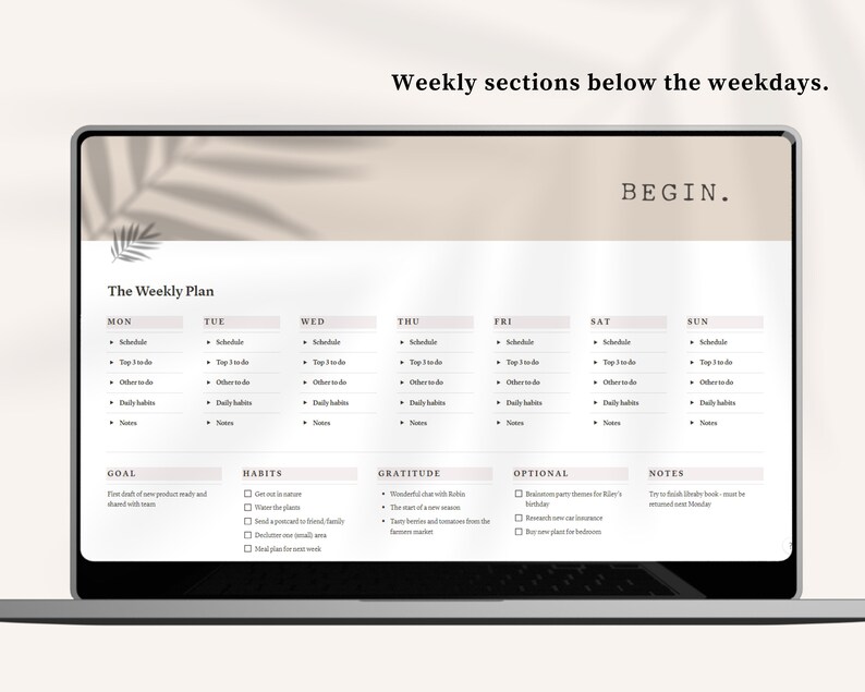 May include: A weekly planner template on a laptop screen with a beige background. The planner includes sections for each day of the week, along with sections for goals, habits, gratitude, optional tasks, and notes.