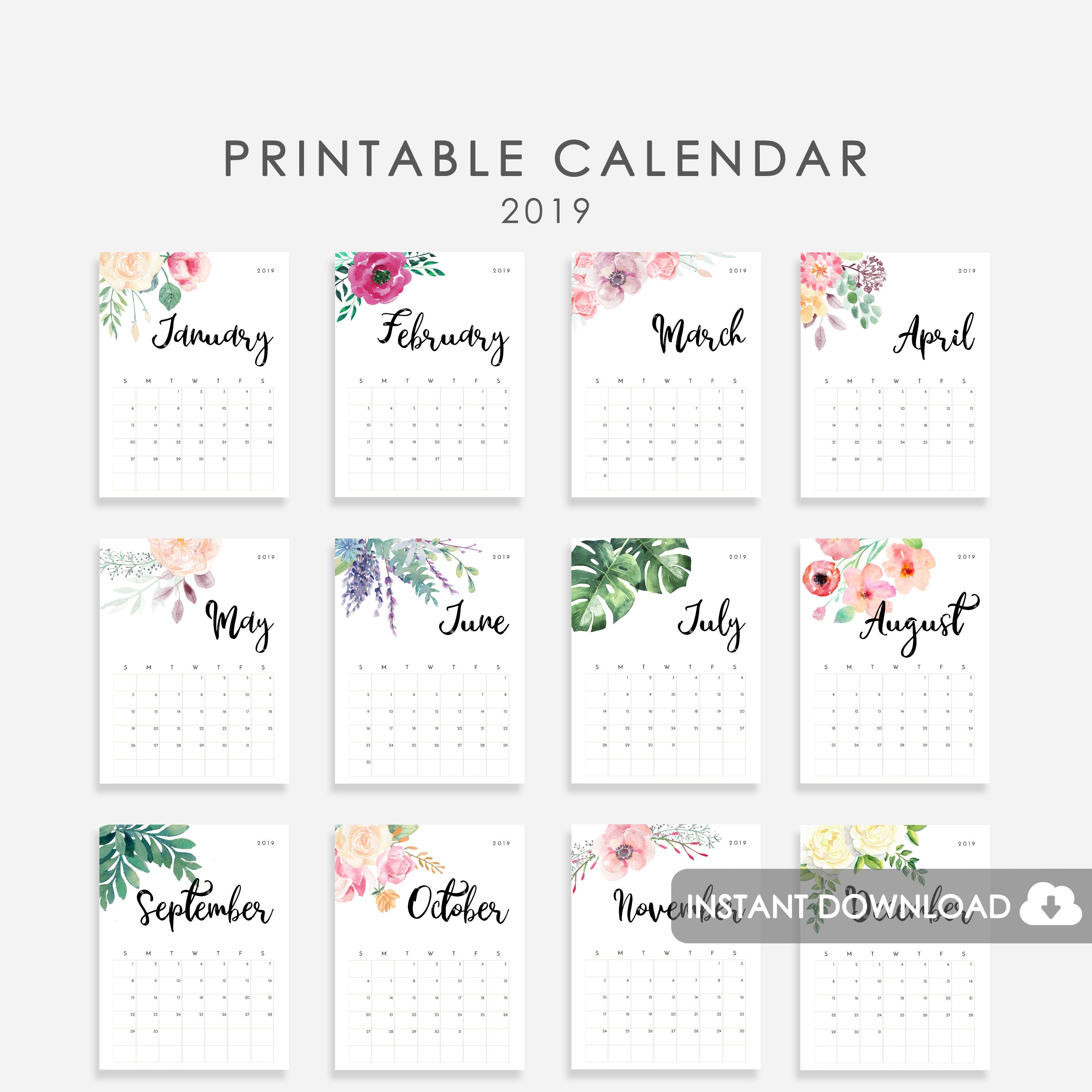 2019 Desk Calendar PRINTABLE Watercolor Botanical Floral