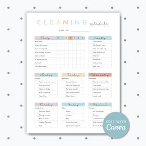 May include: A white cleaning schedule planner sheet with pastel-coloured headers. The document features sections for daily and weekly tasks, organised by day of the week from Monday to Sunday. It includes a blank line for the week of and a circular badge.