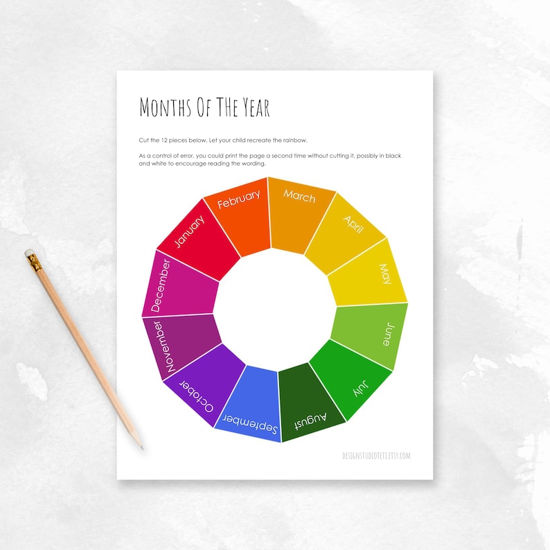 May include: A printable worksheet with a rainbow circle divided into 12 sections, each labeled with a month of the year. The text "Months of the Year" is at the top of the page. The instructions say to cut out the 12 pieces and recreate the rainbow.