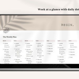 May include: A weekly planner on a laptop screen with the title "The Weekly Plan" and days of the week listed across the top. Each day has a section for "Schedule", "Top 3 to-do", "Other to-do", and "Daily Habits".