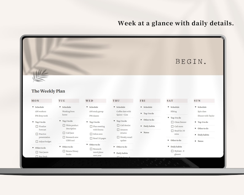 May include: A weekly planner on a laptop screen with the title "The Weekly Plan" and days of the week listed across the top. Each day has a section for "Schedule", "Top 3 to-do", "Other to-do", and "Daily Habits".