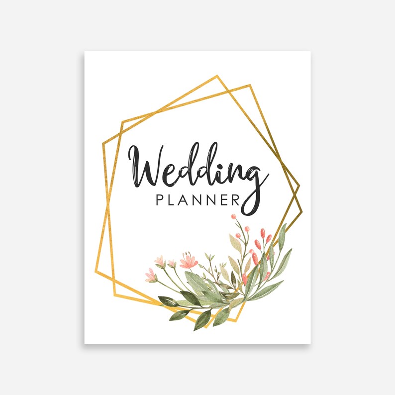 Może przedstawiać: Złota geometryczna ramka z kwiatowymi akcentami i tekstem "Wedding Planner" w kolorze czarnym.